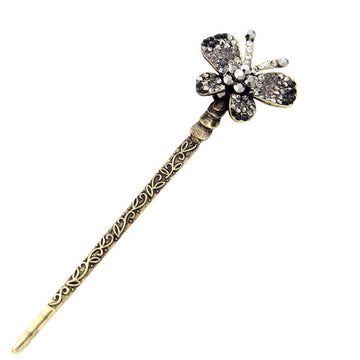 Black Rhinestone Butterfly Antique Brass Finish Hair Stick